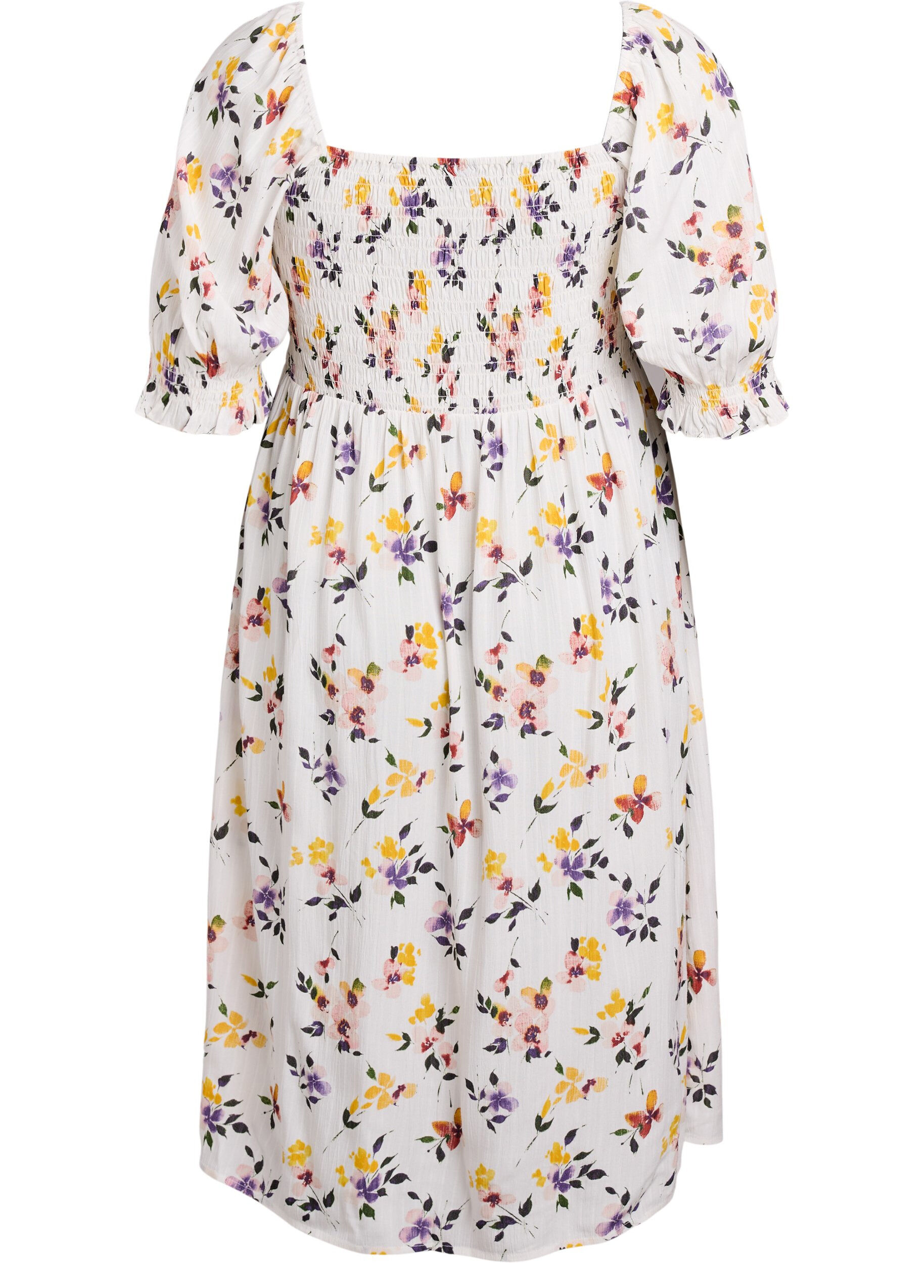 Zizzi Robe midi en viscose &agrave; fleurs avec smock, Blanc, Packshot image number 1