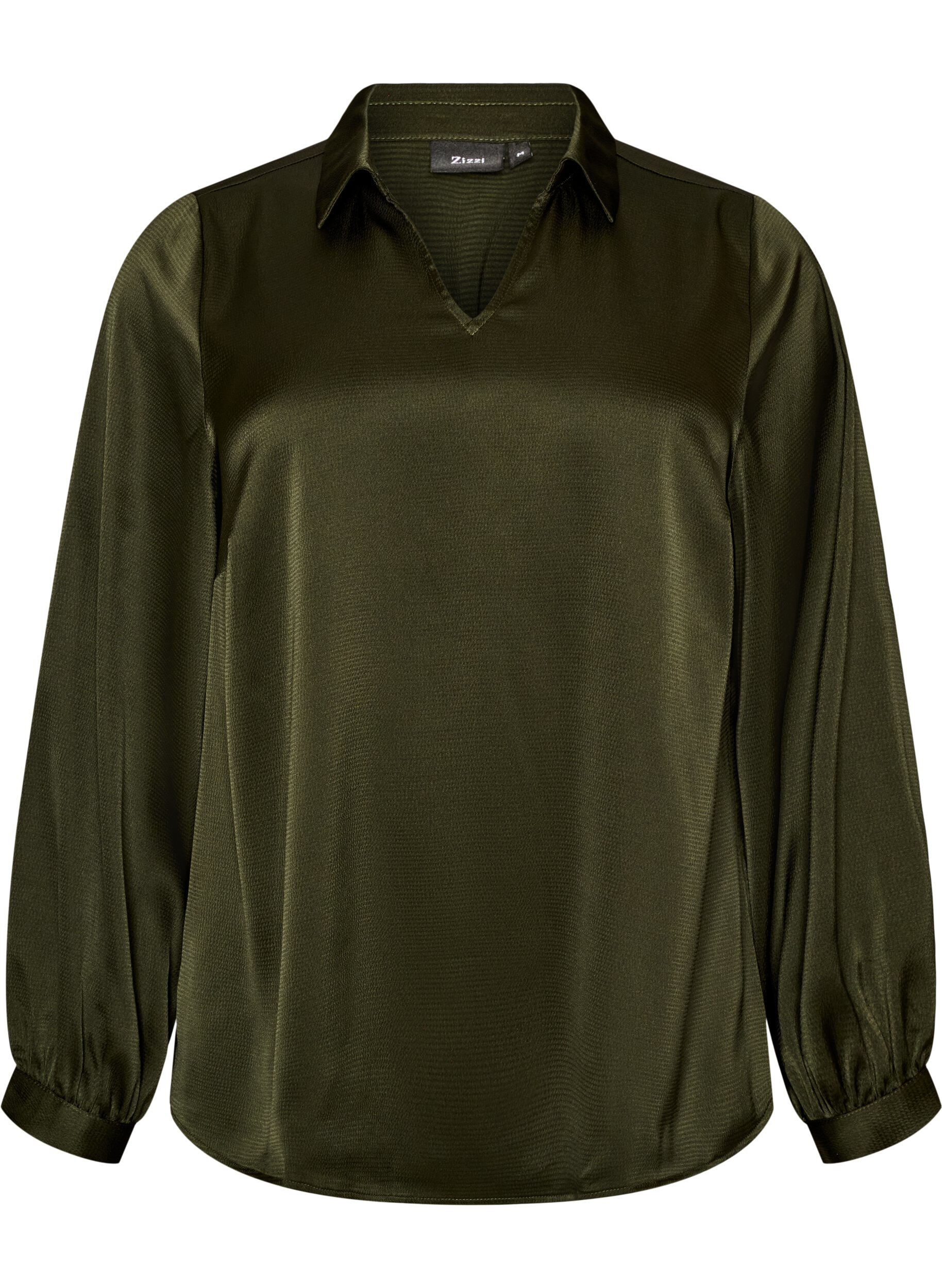 ZizziBlouse avec col de chemise et col en V, Vert fonc&eacute;, Packshot image number 0