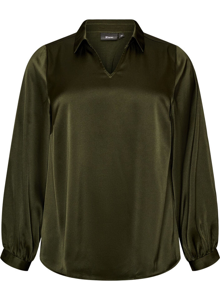 Blouse avec col de chemise et col en V, Vert fonc&eacute;, Packshot image number 0