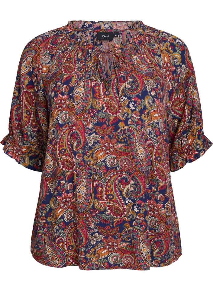 Blouse en viscose &agrave; imprim&eacute; paisley et manches coudes, Bleu, Packshot image number 0