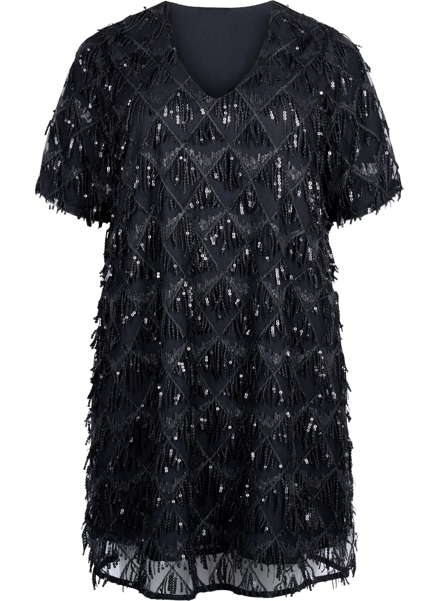 Zizzi Robe courte avec franges &agrave; paillettes, Black, Packshot image number 0