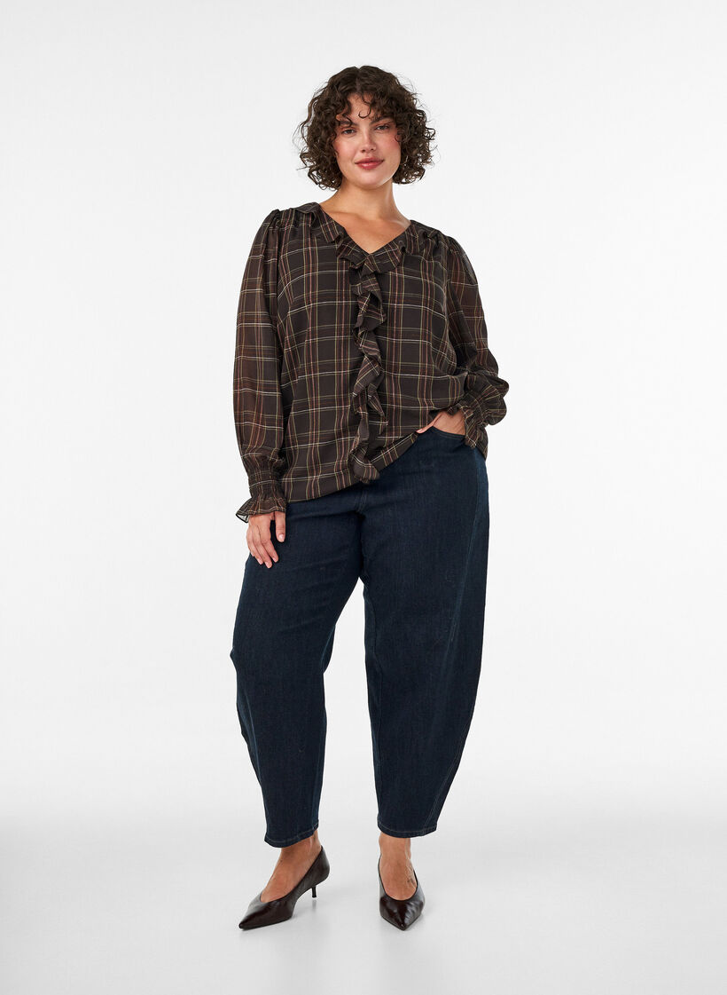 Blouse &agrave; carreaux avec volants, Vert, Model image number 1