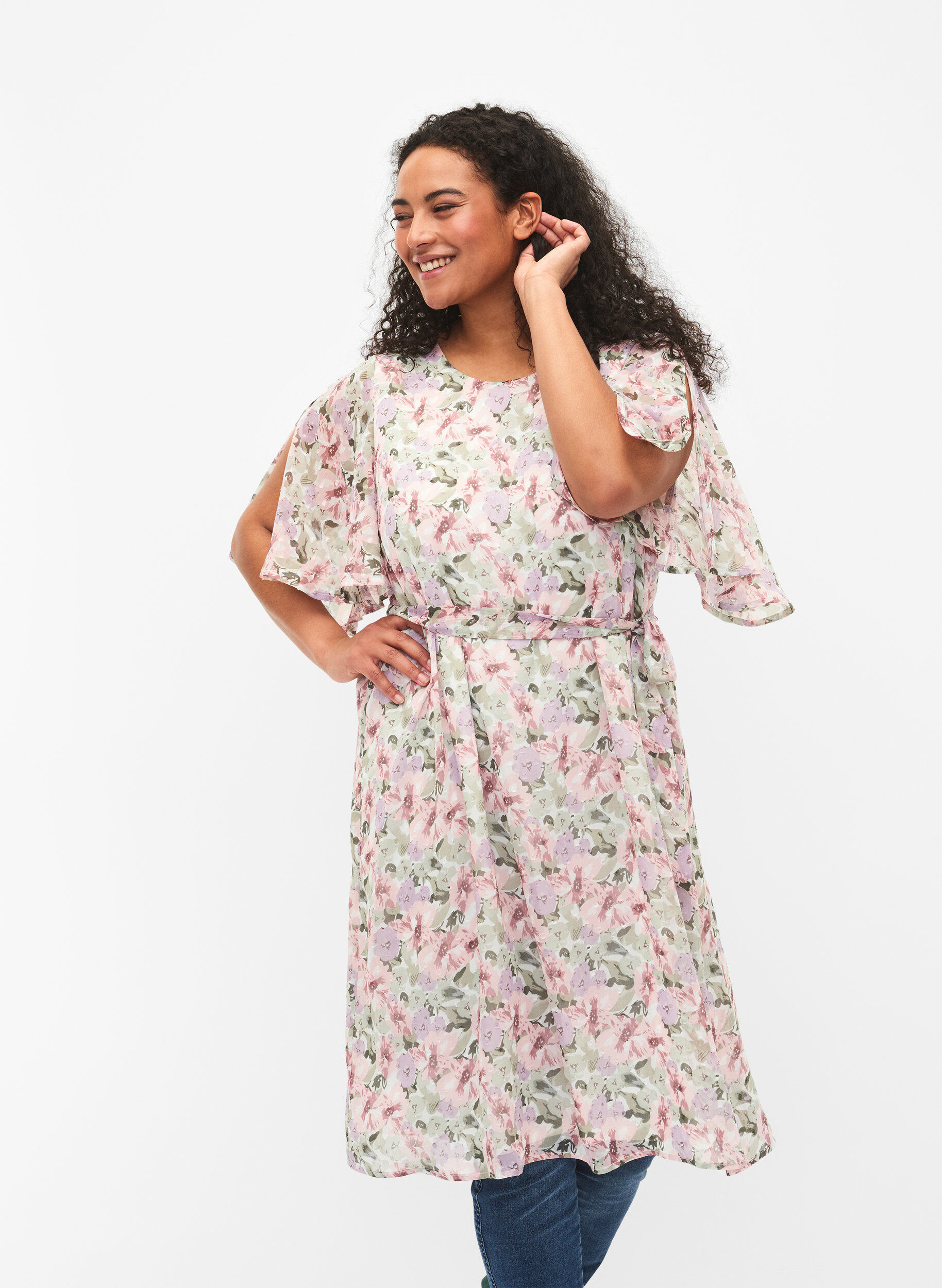 Zizzi Robe &agrave; fleurs avec bande de cravate, Flower AOP, Model image number 0