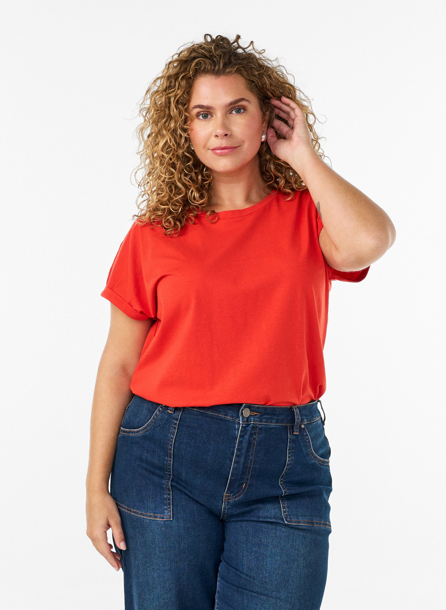 T-shirt &agrave; manches courtes en coton m&eacute;lang&eacute;, Orange fonc&eacute;, Model