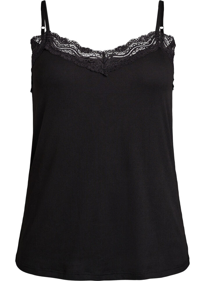 Haut en jersey côtelé avec détails en dentelle, Noir, Packshot image number 0