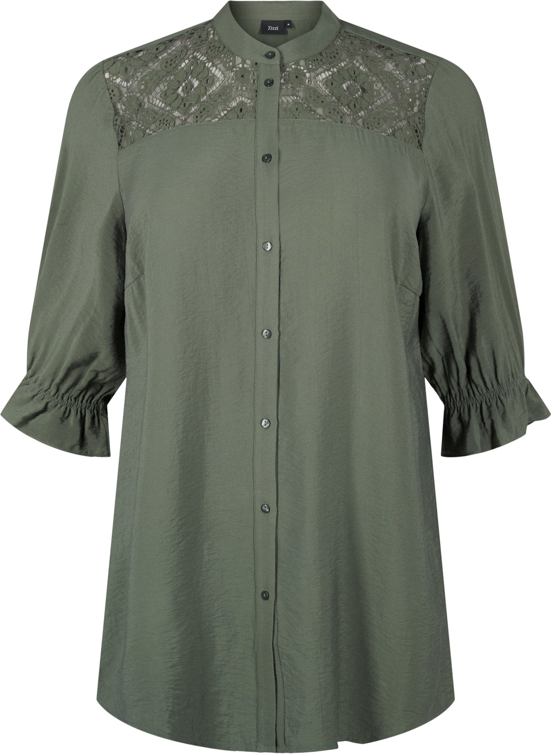 Zizzi Chemise longue en viscose avec d&eacute;tail en dentelle, Thyme, Packshot image number 0