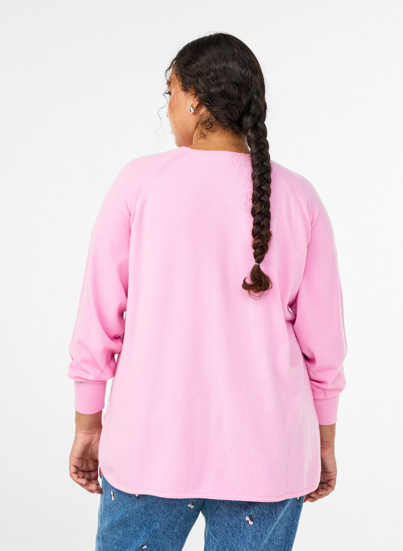 Blouse en maille &agrave; col rond et motif tricot&eacute;, Rose, Model image number 2