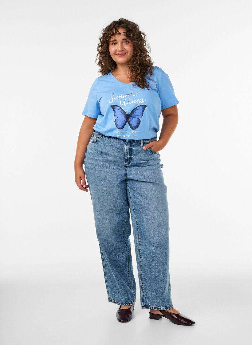 T-shirt en coton avec imprim&eacute; sur le devant et col en V, Bleu Clair, Model image number 1
