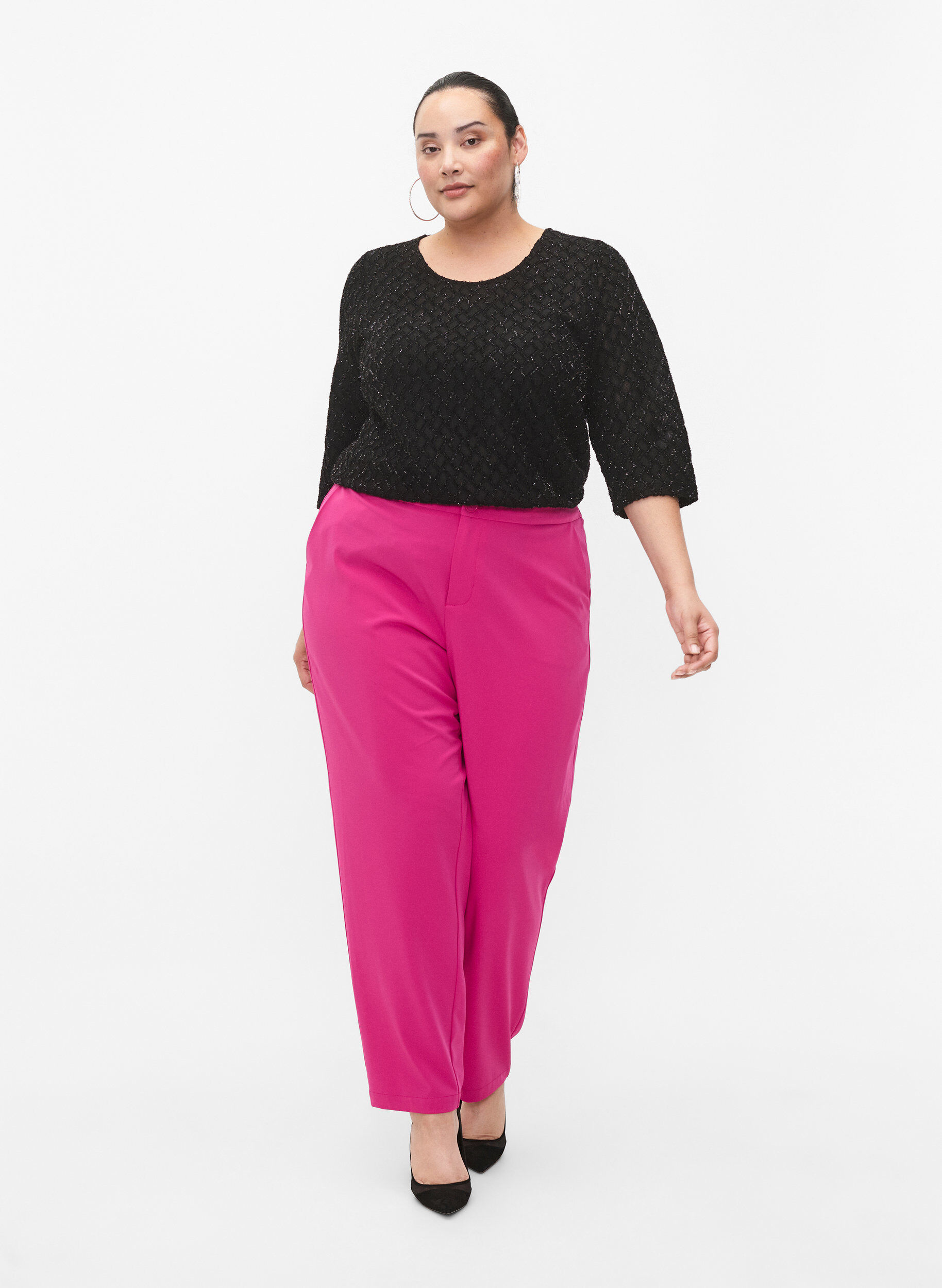 Zizzi Blouse &agrave; motif scintillante avec manches 3/4, Black, Model image number 2