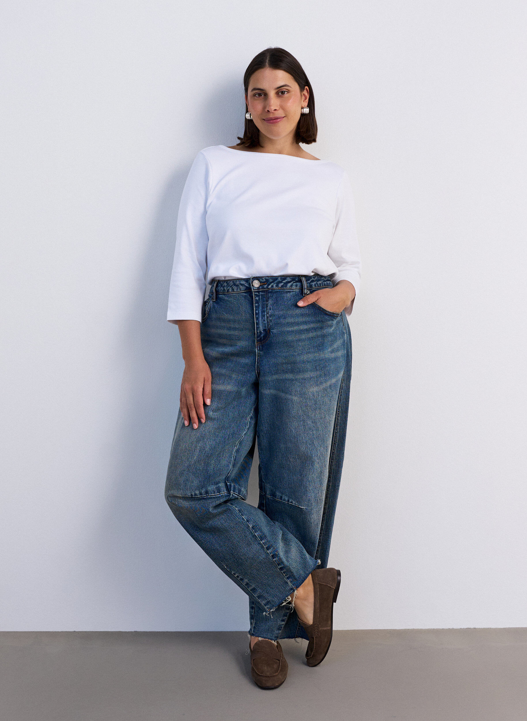 ZizziT-shirt basic &agrave; encolure bateau et manches 3/4, Blanc, Model image number 1
