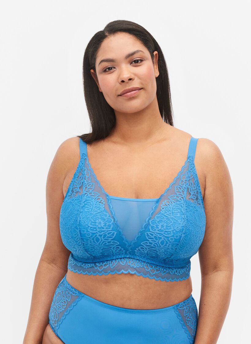 Soutien-gorge avec dentelle et rembourrage doux, Bleu, Model image number 0