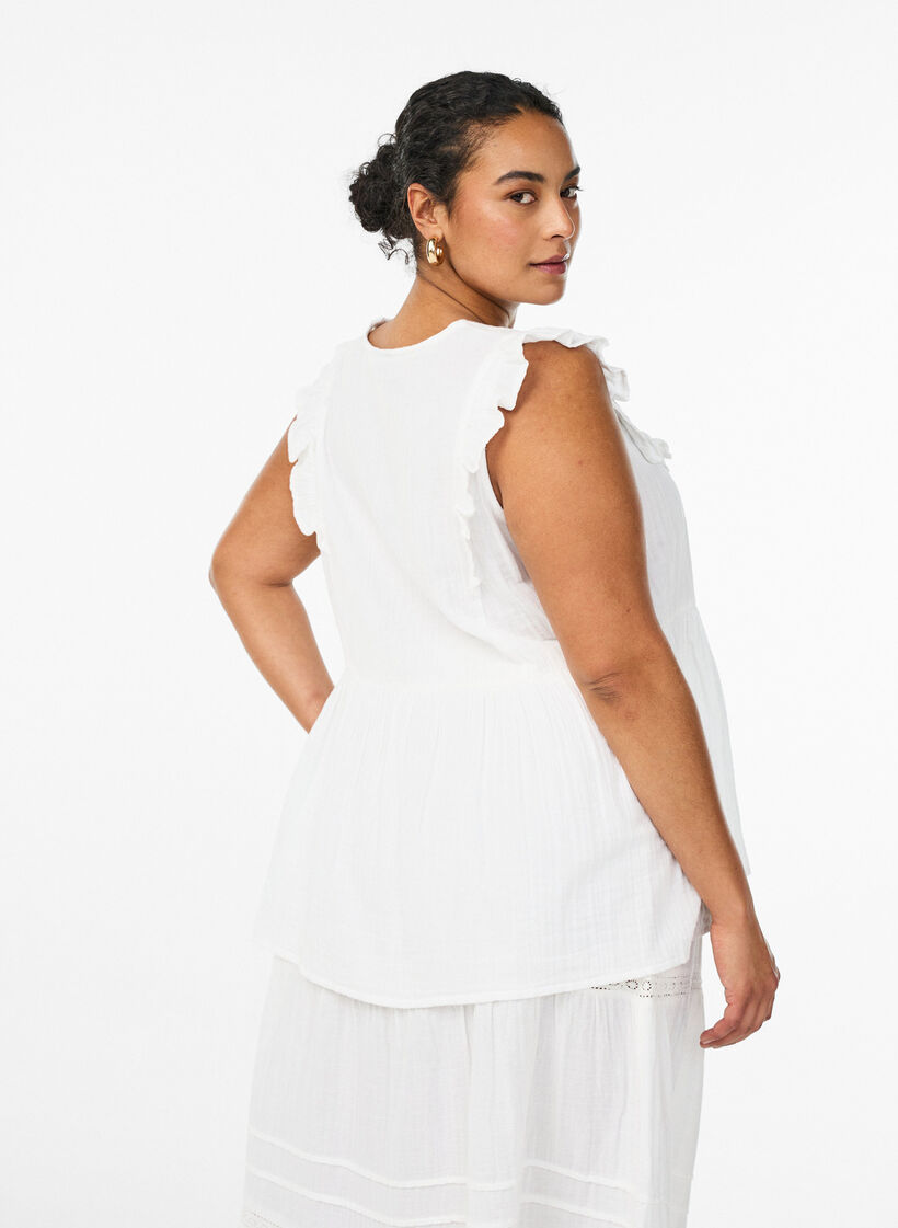 Blouse sans manches en mousseline de coton avec volants, Blanc, Model image number 2