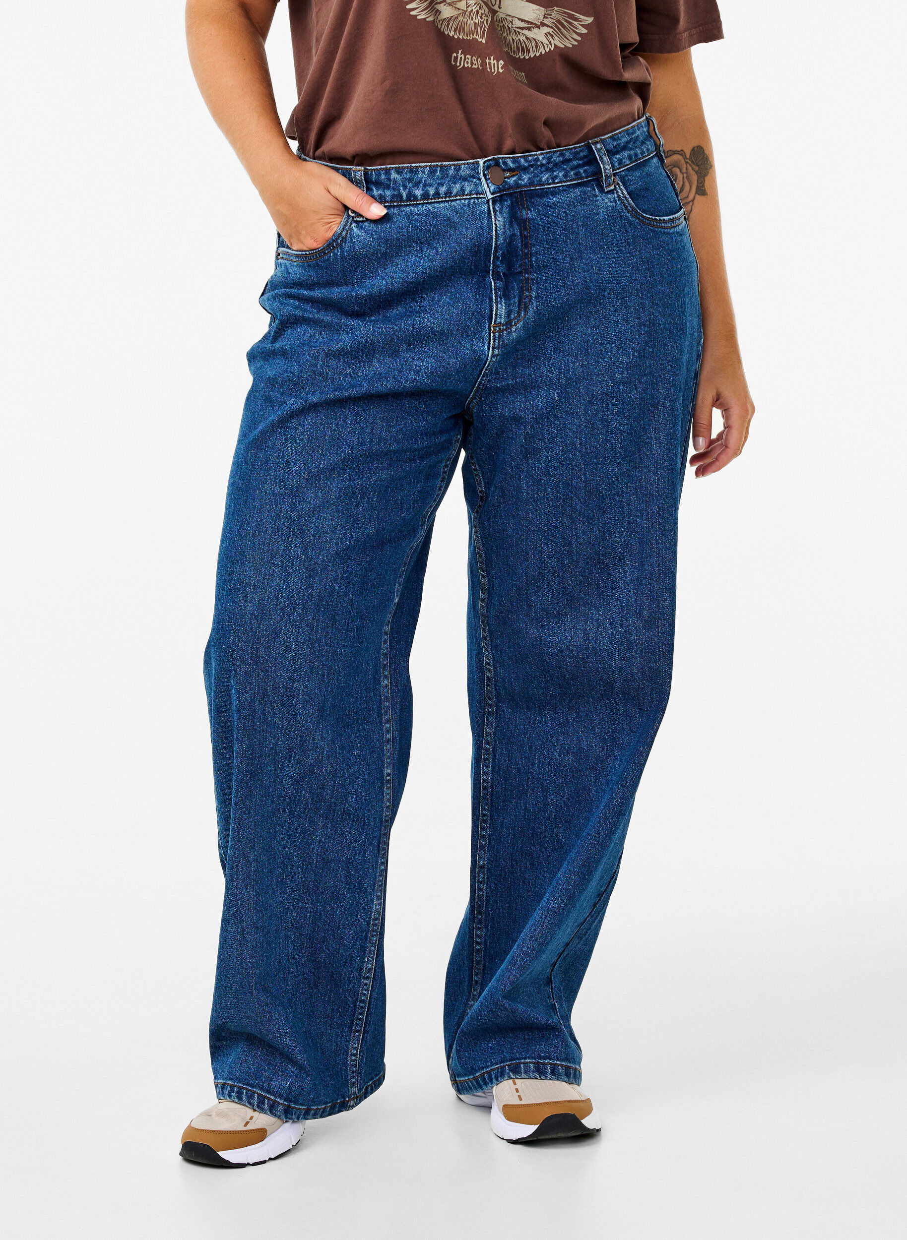 Zizzi Jean &agrave; jambe large et taille haute, Bleu, Model image number 2