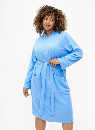 Robe de chambre avec fermeture éclair et capuche, Della Robbia Blue, Model image number 0