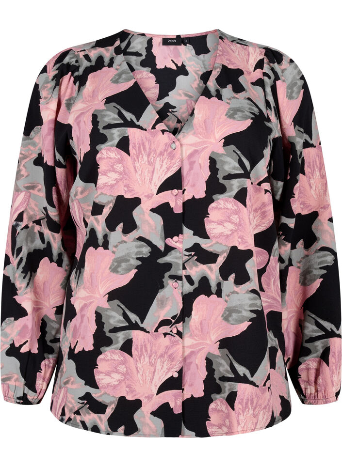 Blouse avec col en V et imprimé, Black Pale Mauve Fl., Packshot image number 0