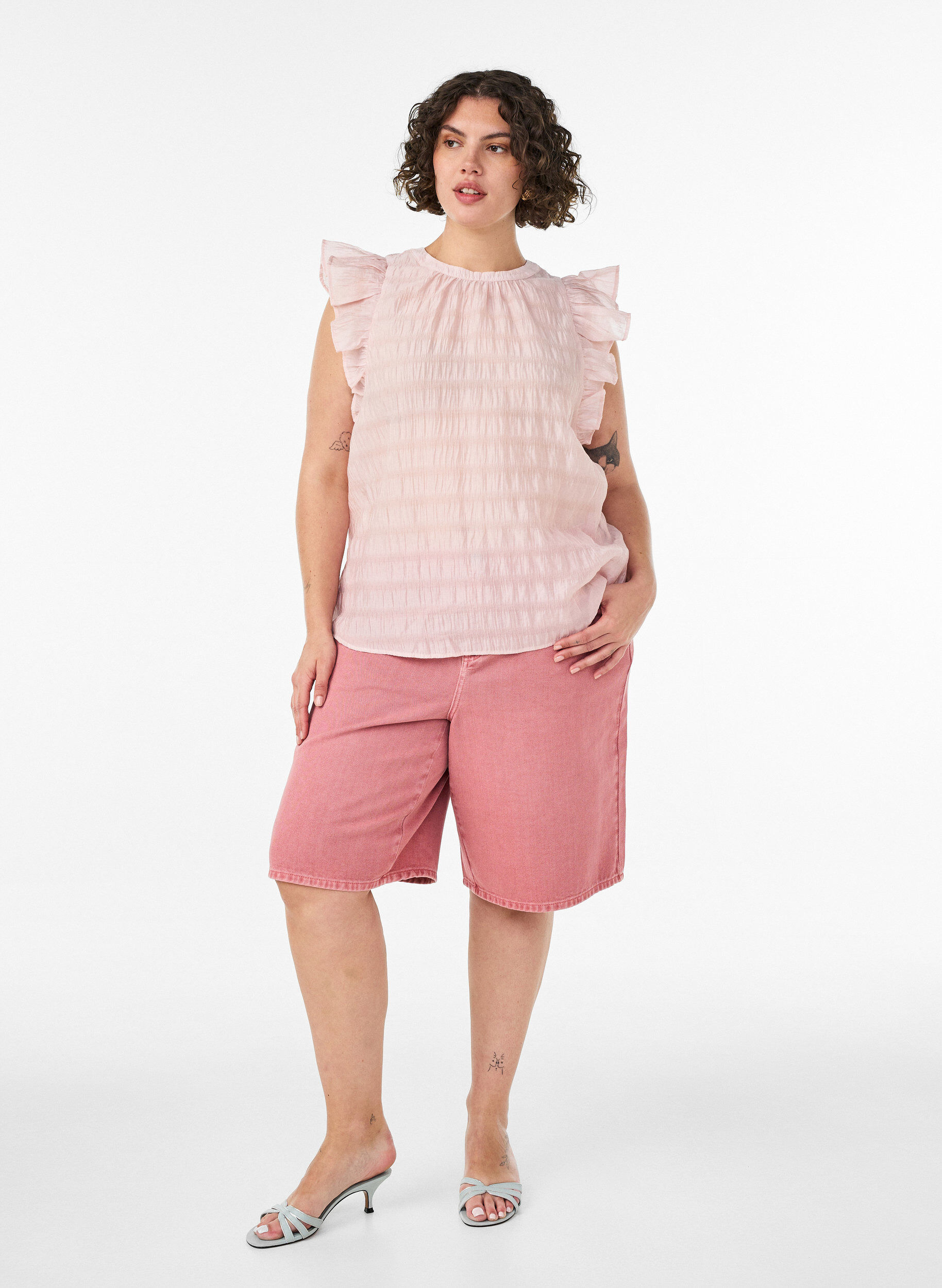 ZizziBlouse sans manches textur&eacute;e avec volants, Rose, Model image number 1