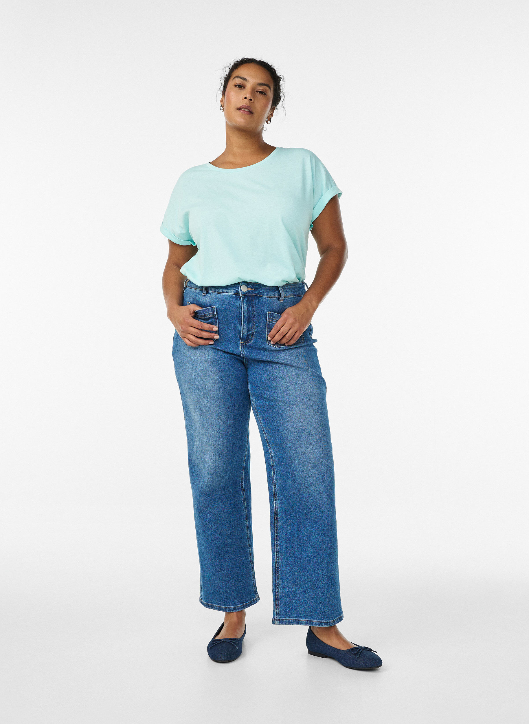 Zizzi T-shirt &agrave; manches courtes en coton m&eacute;lang&eacute;, Turquoise, Model image number 1