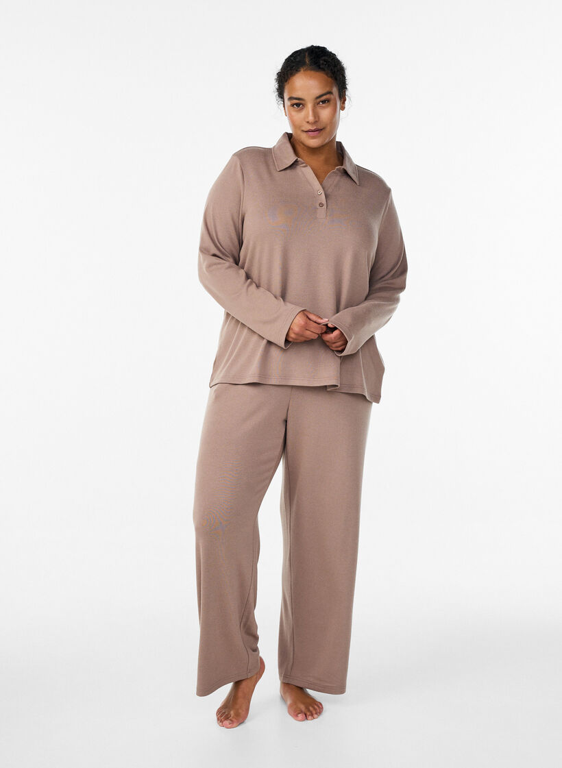 Blouse en jersey &agrave; manches longues avec col, Marron, Model image number 1