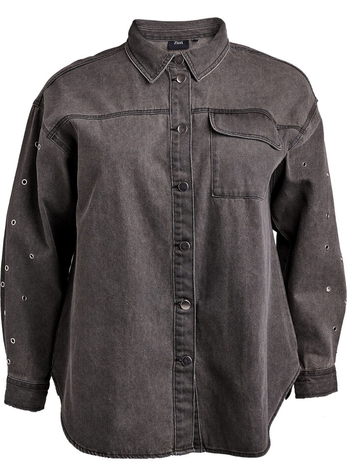 Chemise en jean avec œillets sur les manches, Grey Denim, Packshot image number 0