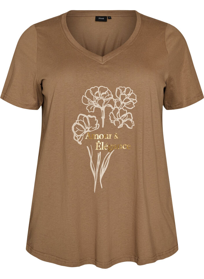 T-shirt en coton avec imprim&eacute; sur le devant et col en V, Marron, Packshot image number 0