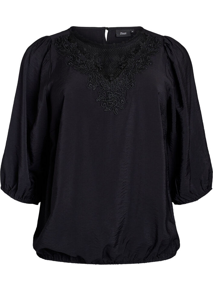 Blouse avec manches 3/4 et d&eacute;tails en dentelle, Noir, Packshot image number 0