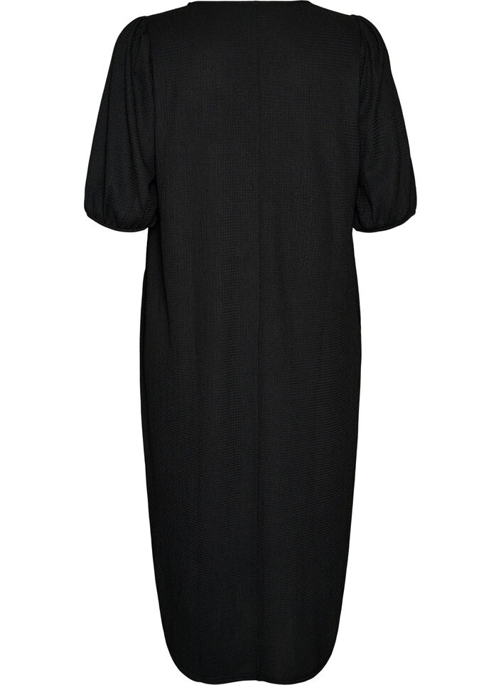 Robe midi avec col en V et texture, Noir, Packshot image number 1