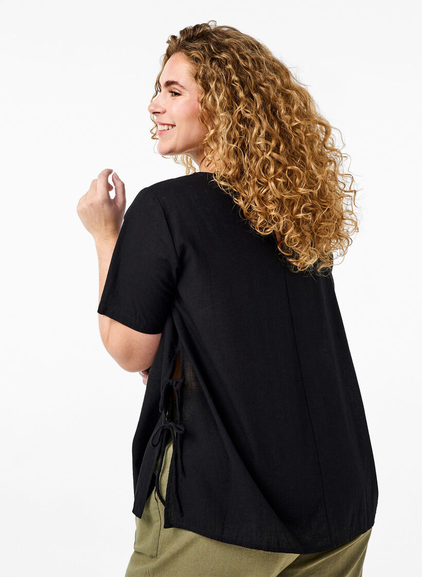 Blouse à manches courtes en mélange de coton et lin avec détail lacé, Black, Model image number 1