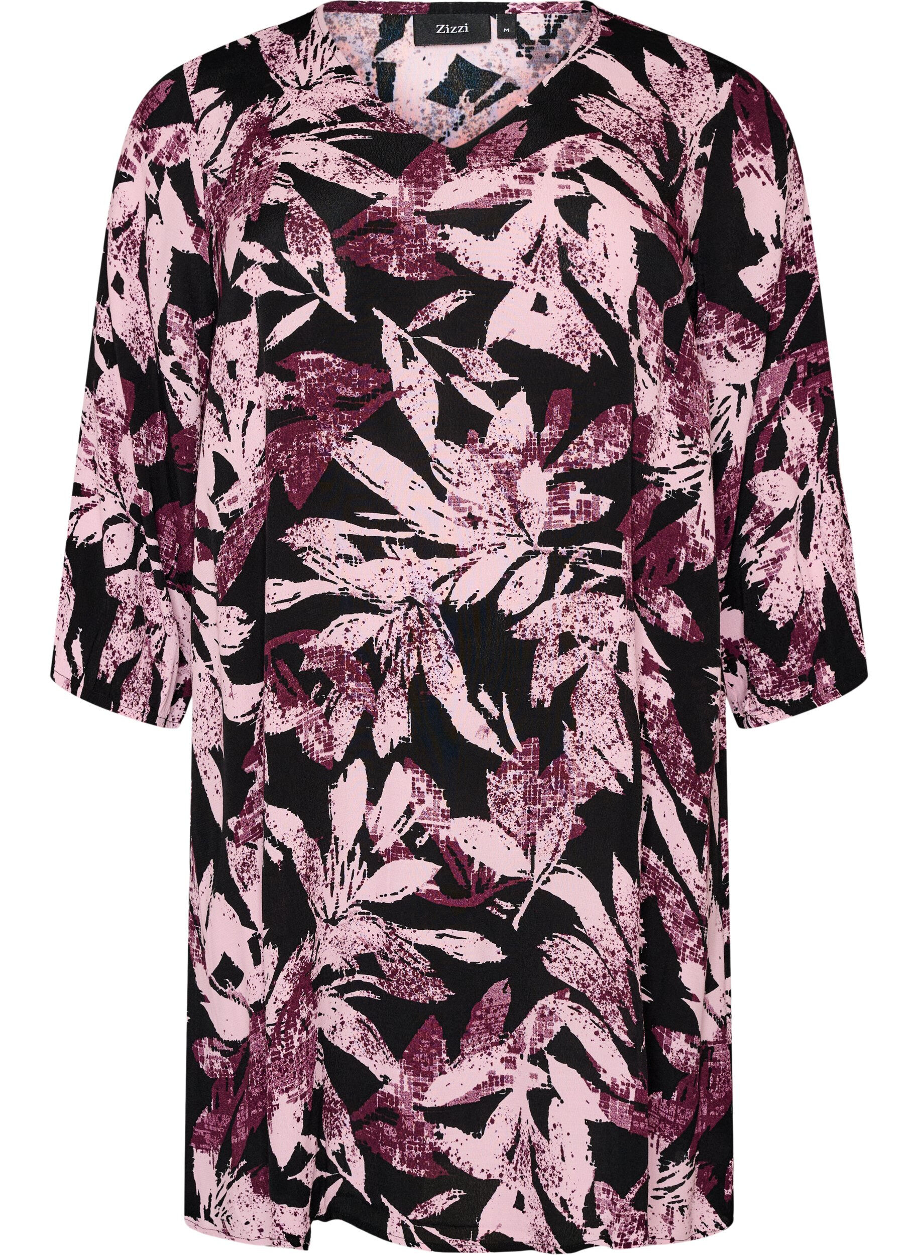 ZizziRobe courte fleurie en viscose &agrave; manches 3/4, Noir, Packshot image number 0