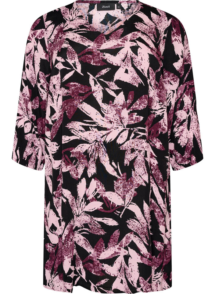 Robe courte fleurie en viscose &agrave; manches 3/4, Noir, Packshot image number 0