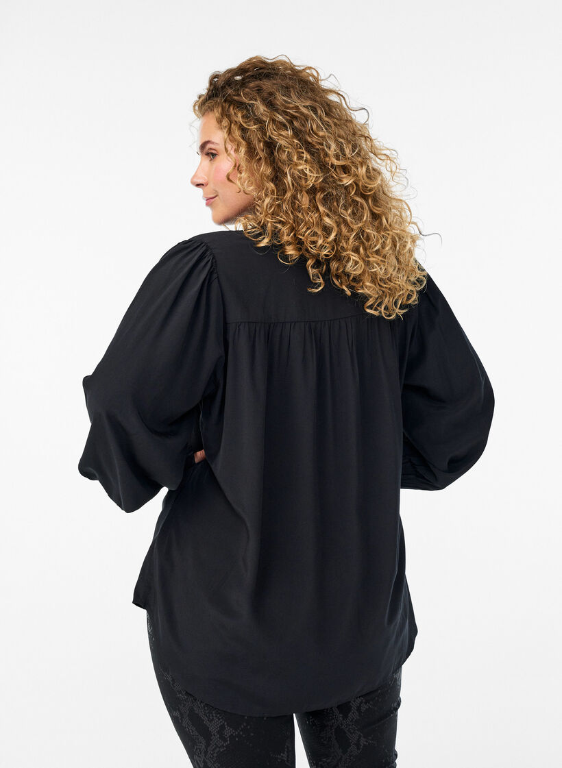 Blouse avec col à volants et fronces, Noir, Model image number 2