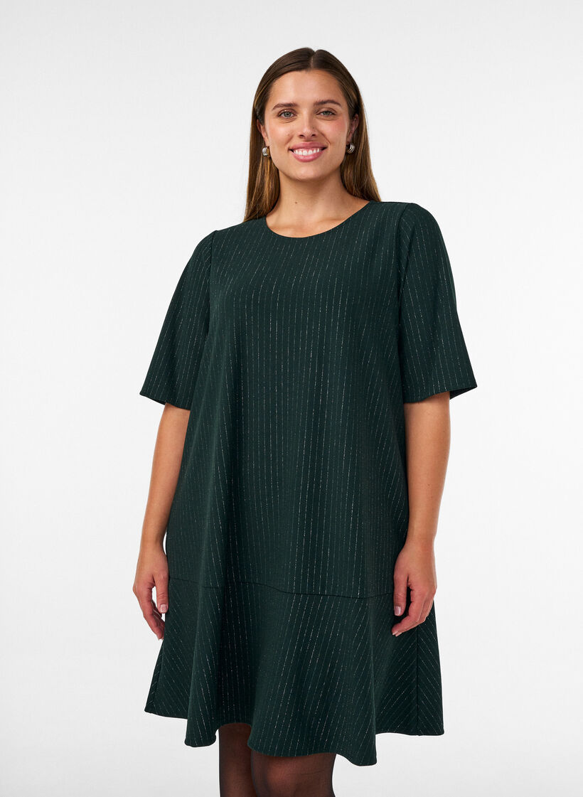 Robe courte coupe &eacute;vas&eacute;e avec des rayures paillet&eacute;es, Vert fonc&eacute;, Model image number 0