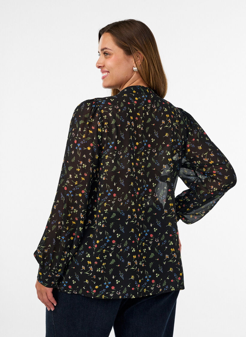 Blouse avec imprim&eacute; int&eacute;gral et patte de boutonnage courte, Noir, Model image number 2