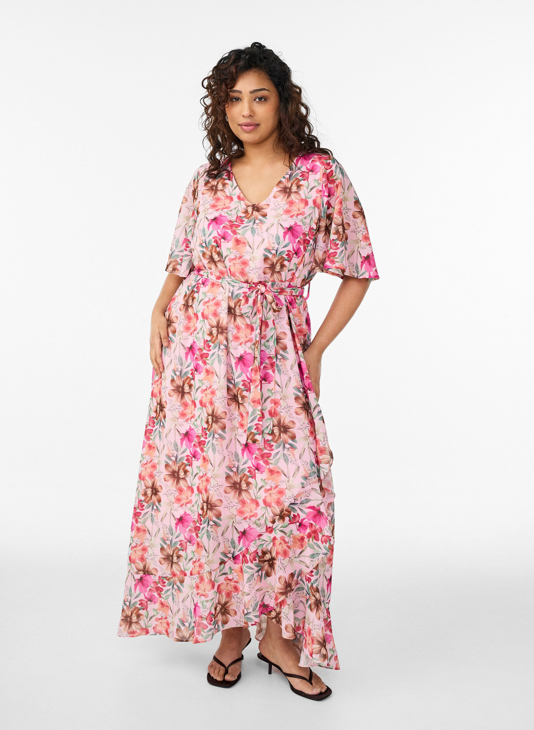Robe longue en mousseline avec d&eacute;collet&eacute; en V et ourlet &agrave; volants, Rose, Model