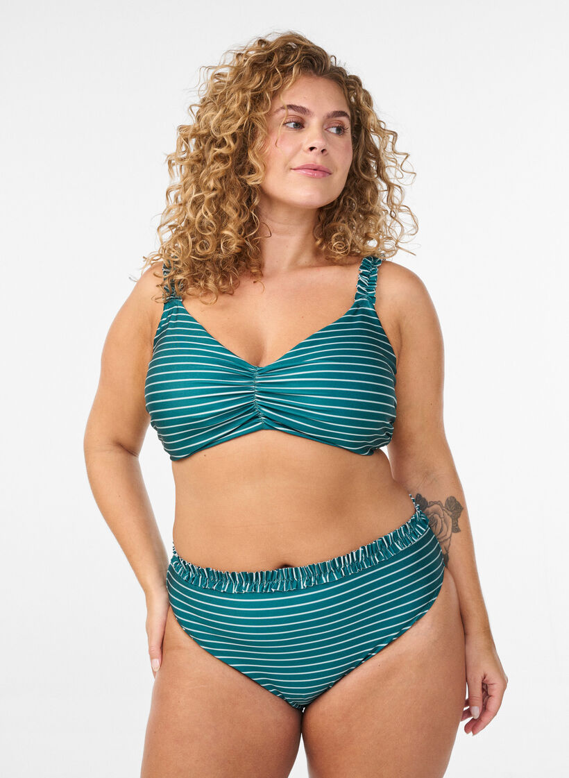 Culotte de bikini tai &agrave; rayures avec bord fronc&eacute;, Vert fonc&eacute;, Model image number 0