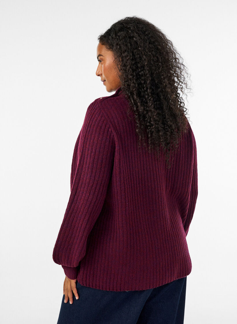 Pull c&ocirc;tel&eacute; &agrave; manches bouffantes et boutons, Bordeaux fonc&eacute;, Model image number 2