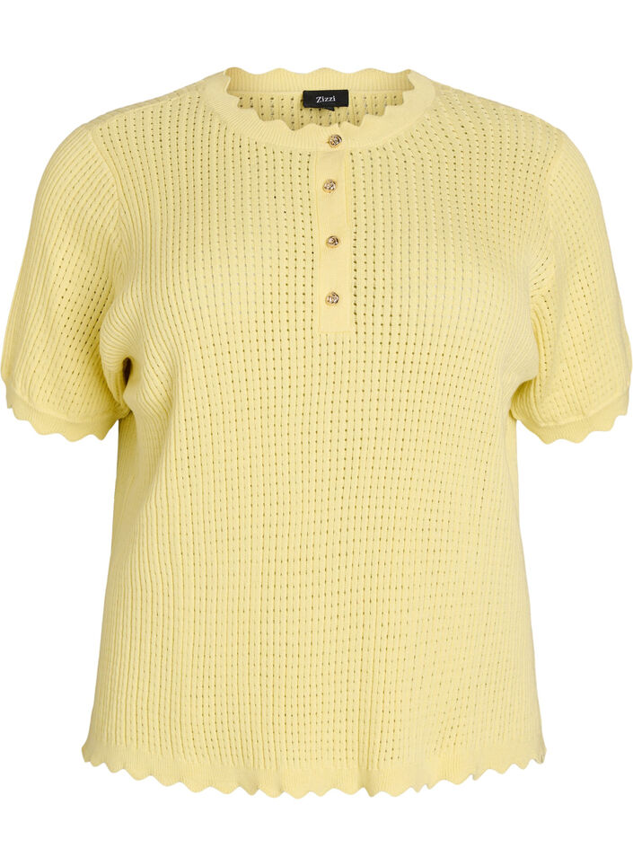 Blouse en maille &agrave; manches courtes avec motif ajour&eacute; et bords ondul&eacute;s, Jaune clair, Packshot image number 0