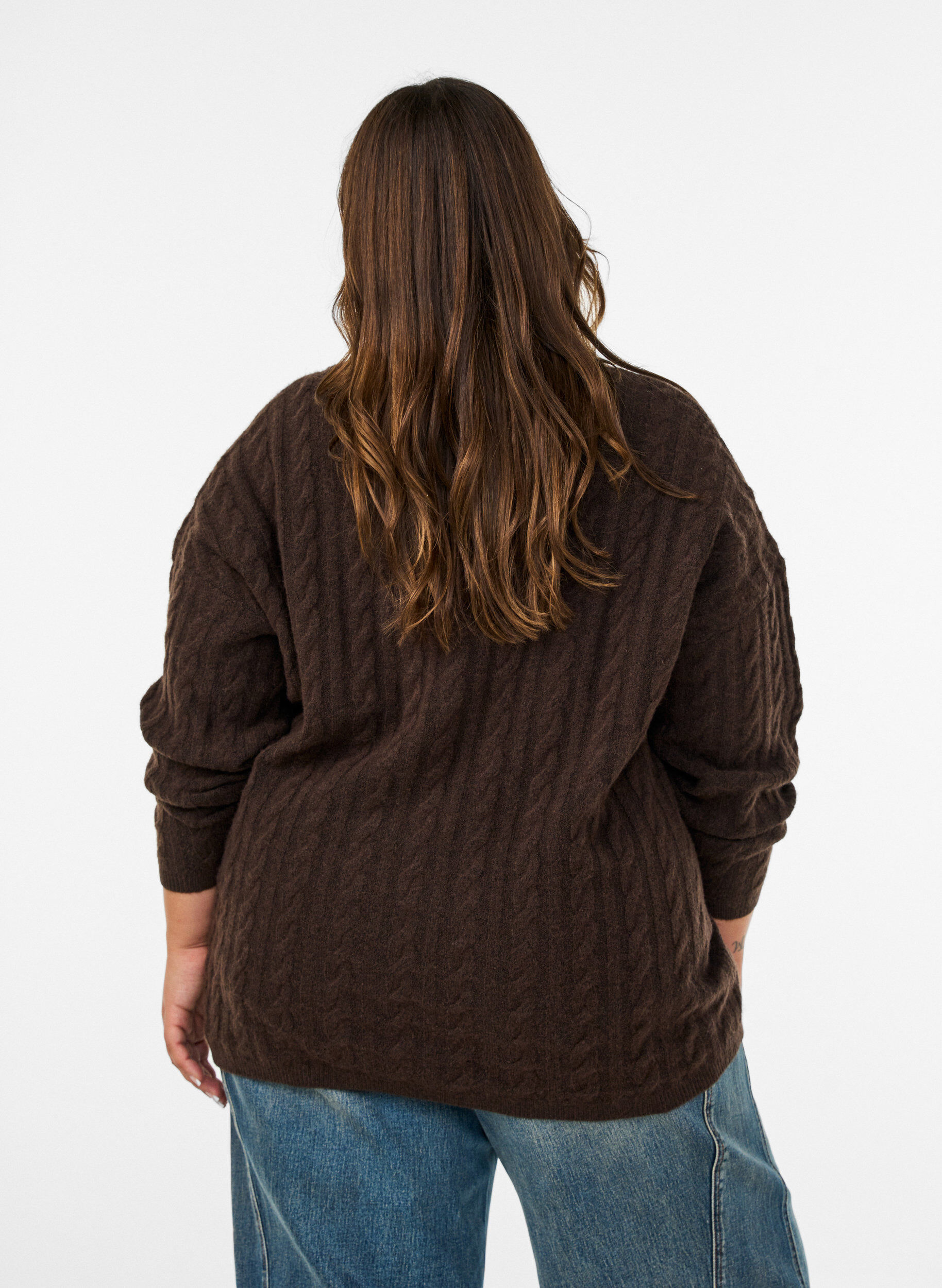 ZizziBlouse en maille torsad&eacute;e avec col en V, Marron, Model image number 2