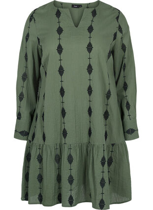 Robe en coton à motifs avec col en V et manches longues, Thyme, Packshot image number 0