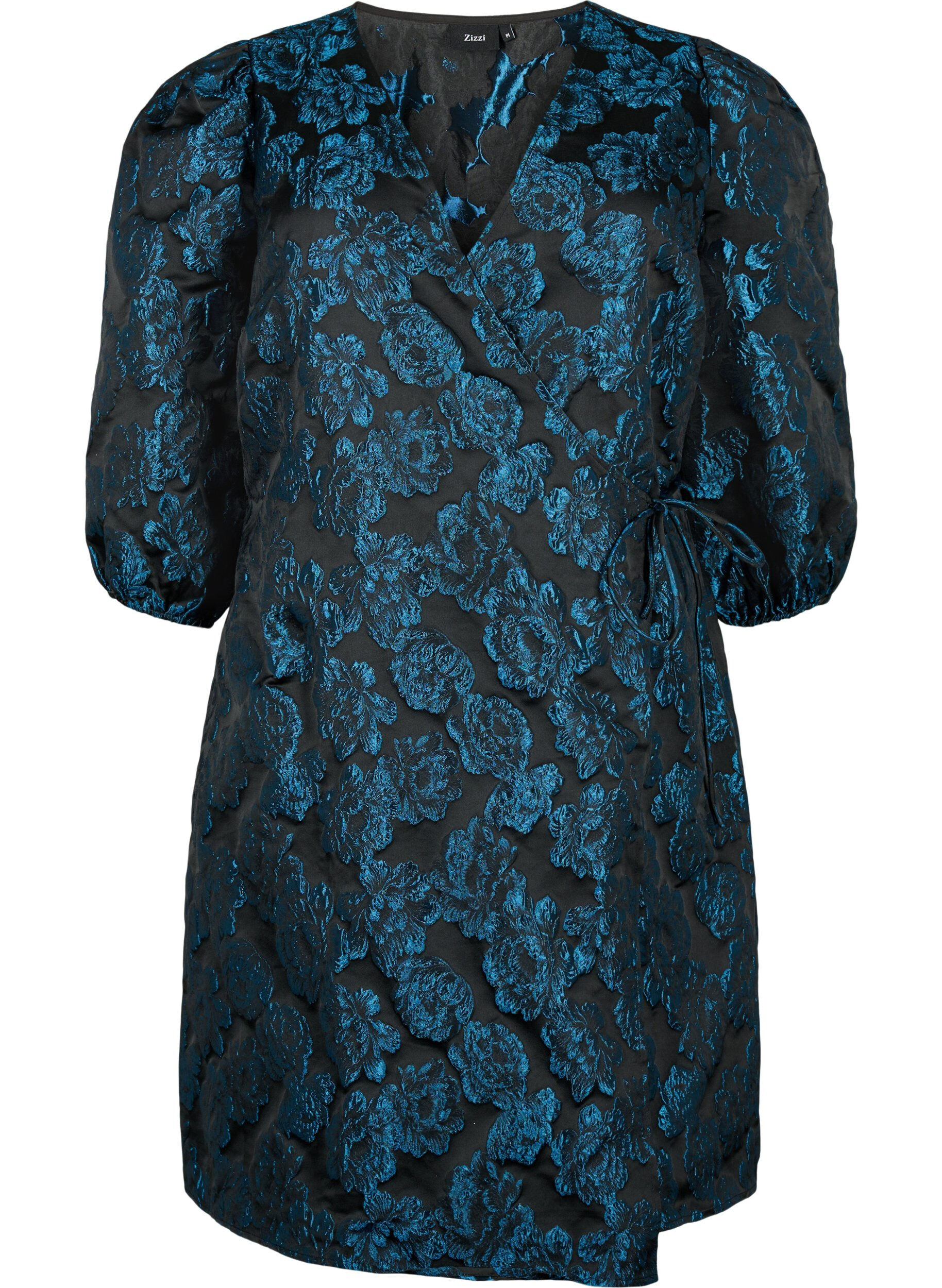 Zizzi Robe portefeuille en jacquard avec manches 3/4, Black Blue, Packshot image number 0