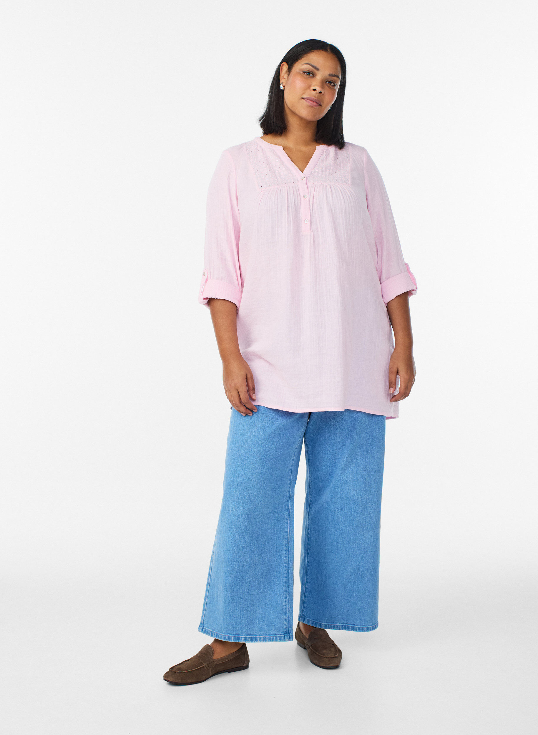 Zizzi Tunique en mousseline de coton avec broderie anglaise, Rose, Model image number 1