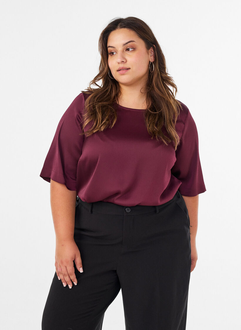 Blouse en satin &agrave; manches au coude, Bordeaux, Model image number 0