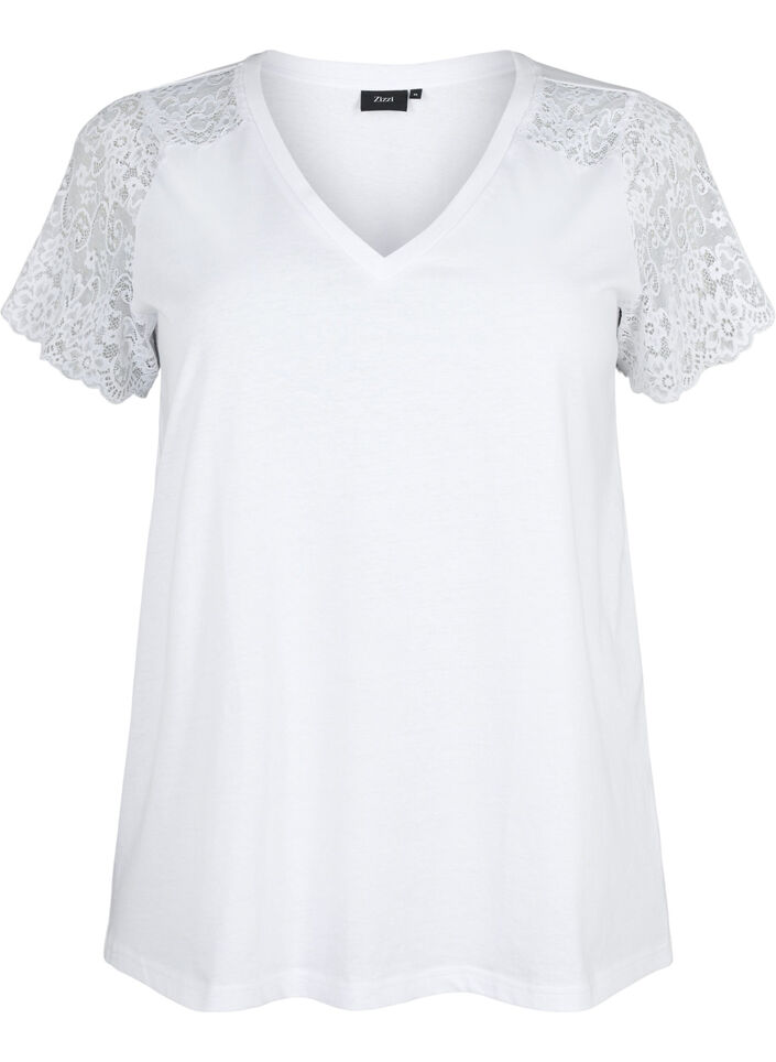 T-shirt en coton avec manches courtes en dentelle, Blanc, Packshot image number 0
