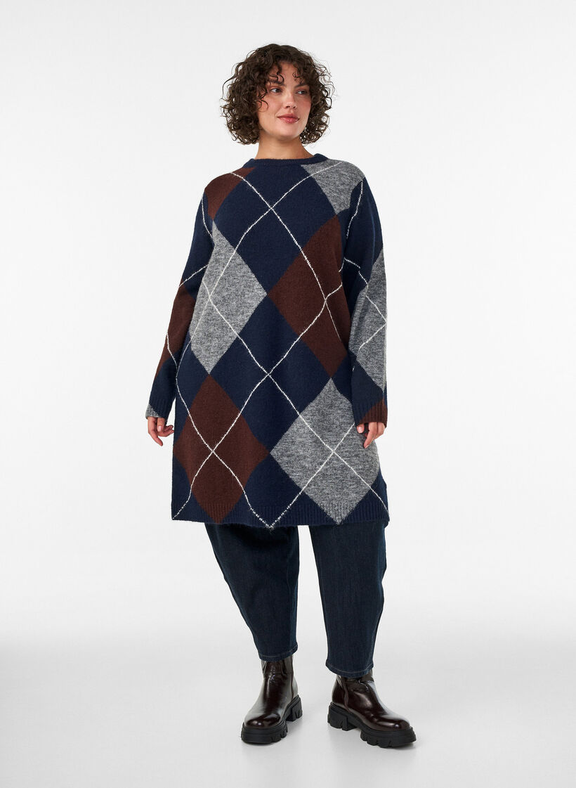 Robe en maille &agrave; grands carreaux, Bleu, Model