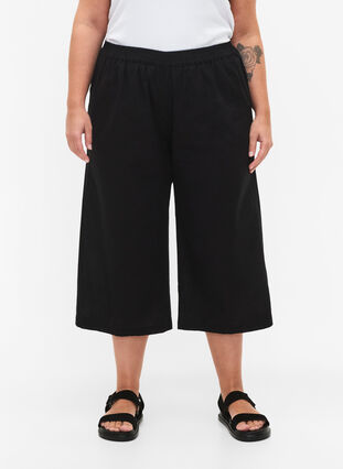 Pantalon 7/8 en coton mélangé avec du lin, Black, Model image number 2