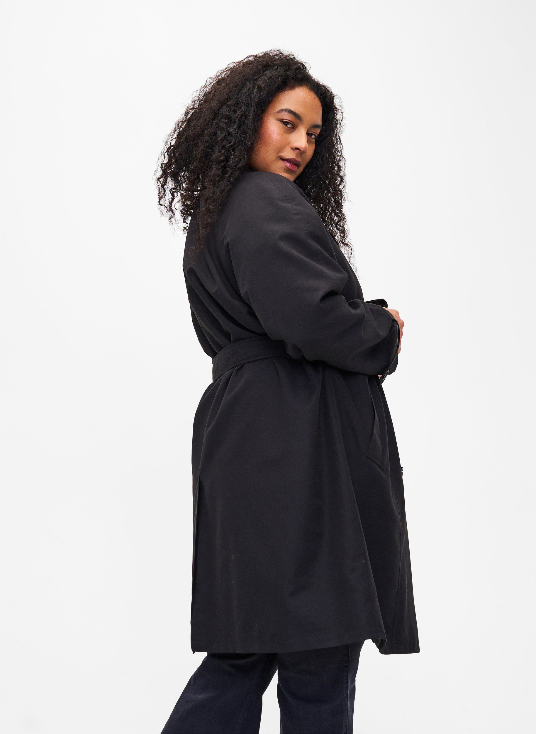 Zizzi Trench-coat avec ceinture et fente, Black, Model image number 2