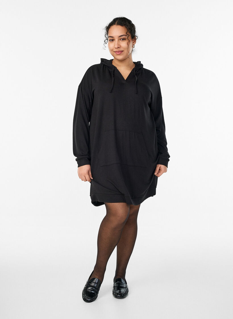 Robe sweat &agrave; capuche courte avec poche kangourou, Noir, Model image number 1