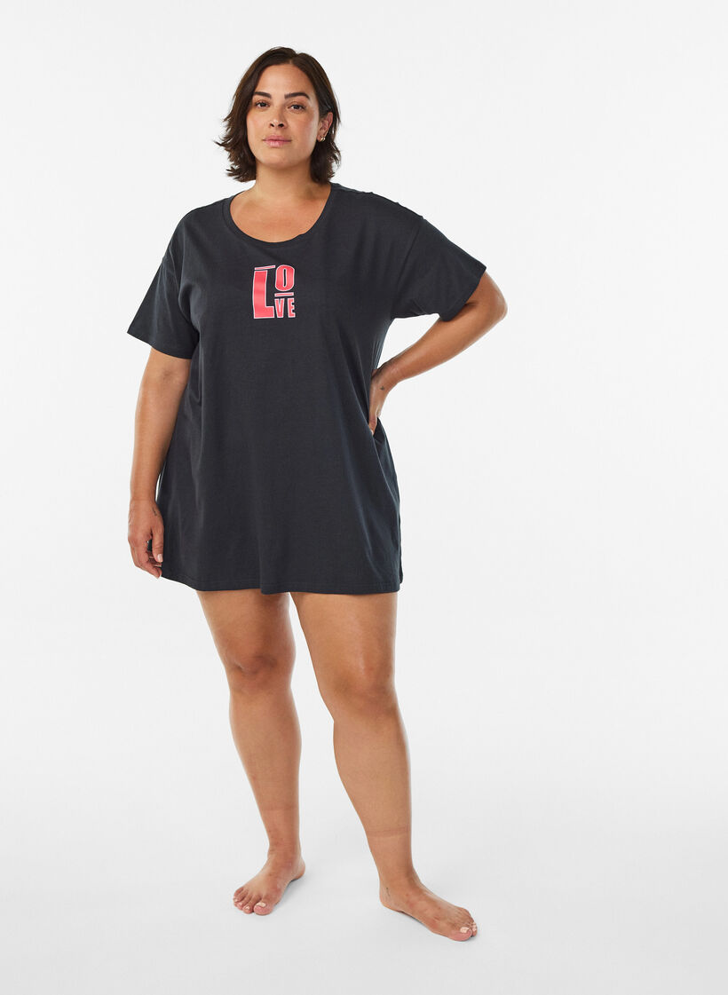 T-shirt de nuit long en coton bio avec imprim&eacute;, Gris anthracite, Model image number 1