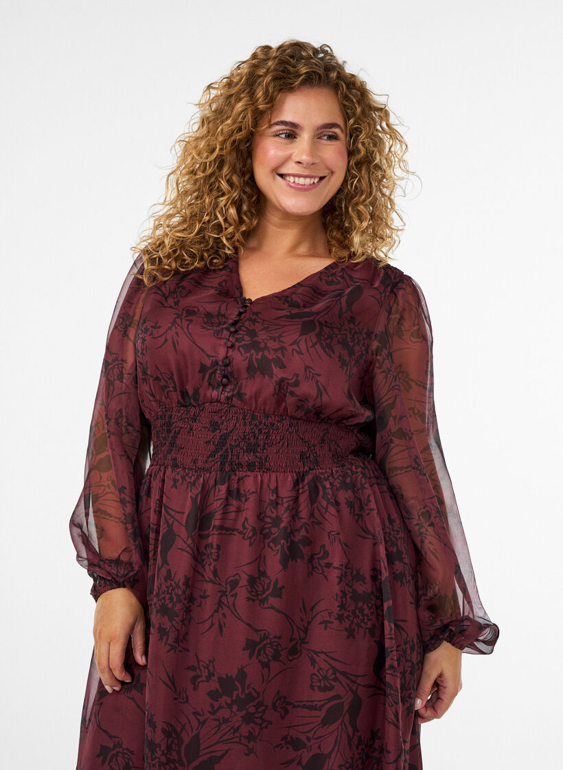 Robe maxi avec imprim&eacute; floral et smocks, Bordeaux fonc&eacute;, Model image number 2