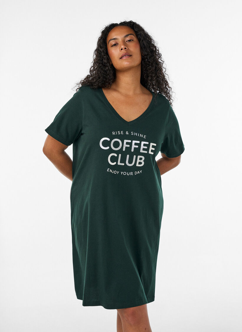 Chemise de nuit en coton biologique et &agrave; col en V, Vert fonc&eacute;, Model image number 0