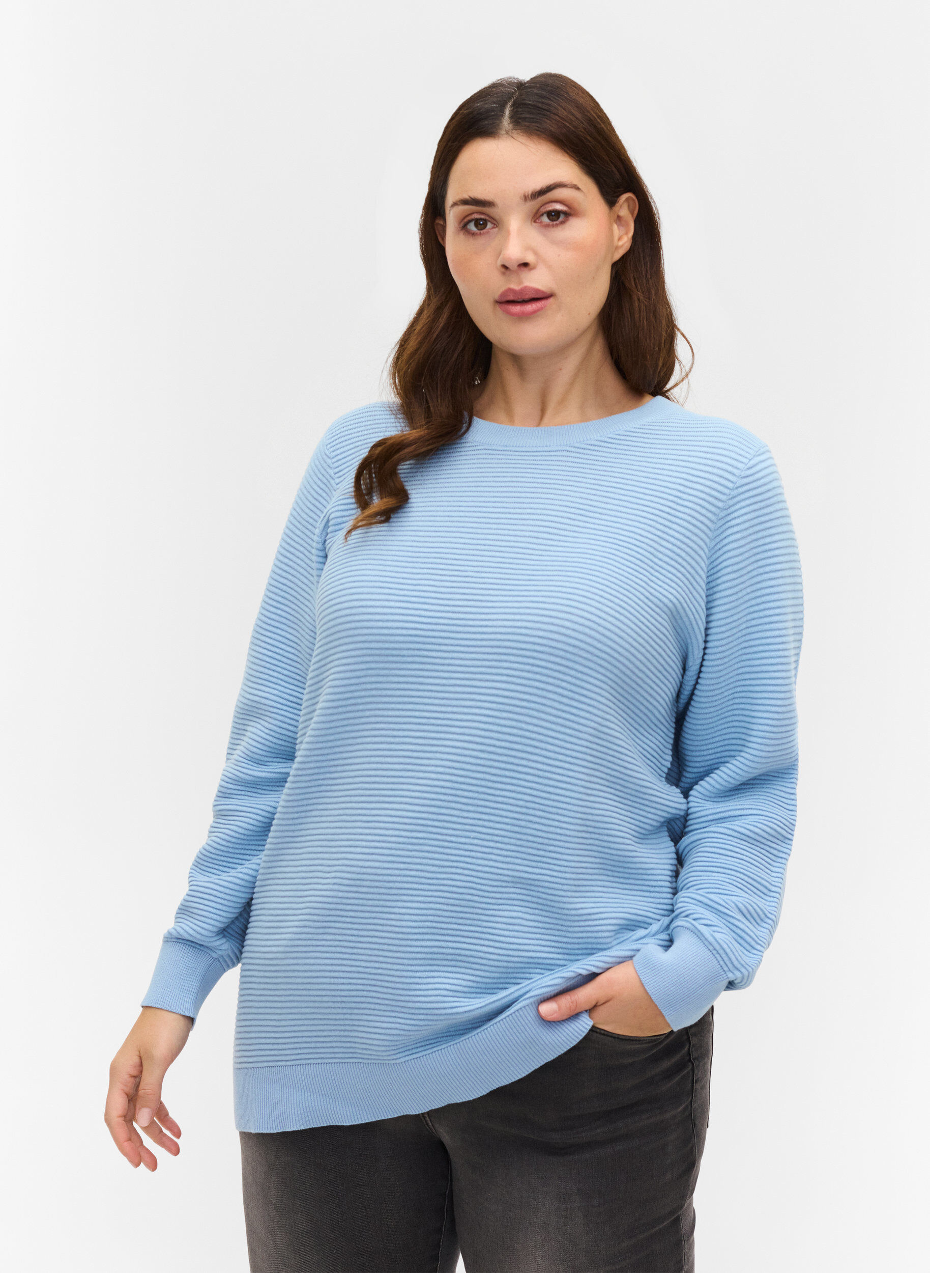 Zizzi Blouse en tricot &agrave; manches longues en coton bio, Chambray Blue, Model image number 0